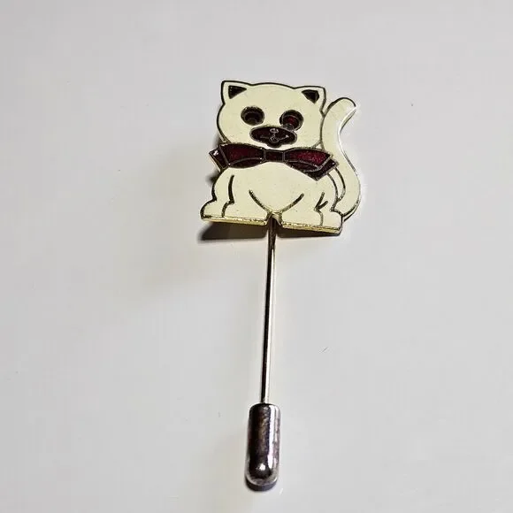 Vintage Gold Tone White Cloisonne Cat With Red Bow Stick Pin Lapel Hat - Picture 8 of 10